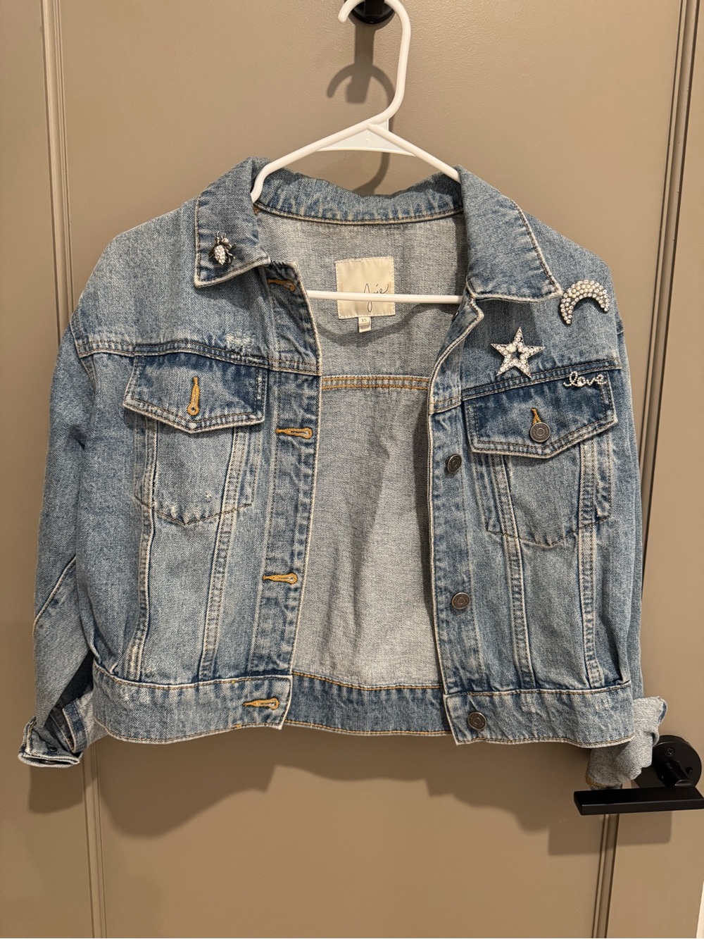 Embellished Light Wash Denim Jacket with Star & Moon Pins